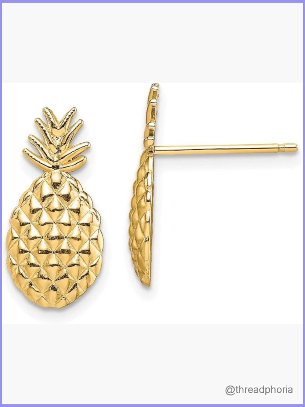 14k Yellow Gold Pineapple Stud Earrings Tropical Fruit Design 16x8mm